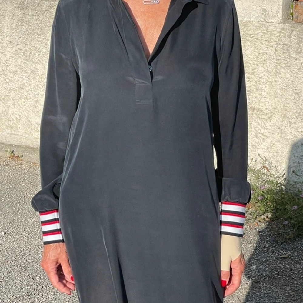 Equipment Charcoal Dress with Striped Cuffs